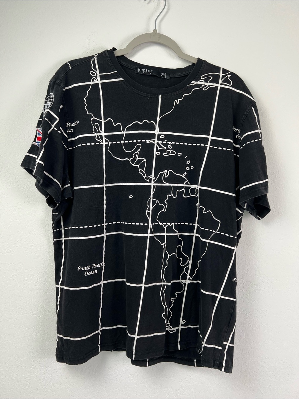 Hudson Outerwear World Map Grid Short Sleeve Crewneck Tee with Flags on Sleeves